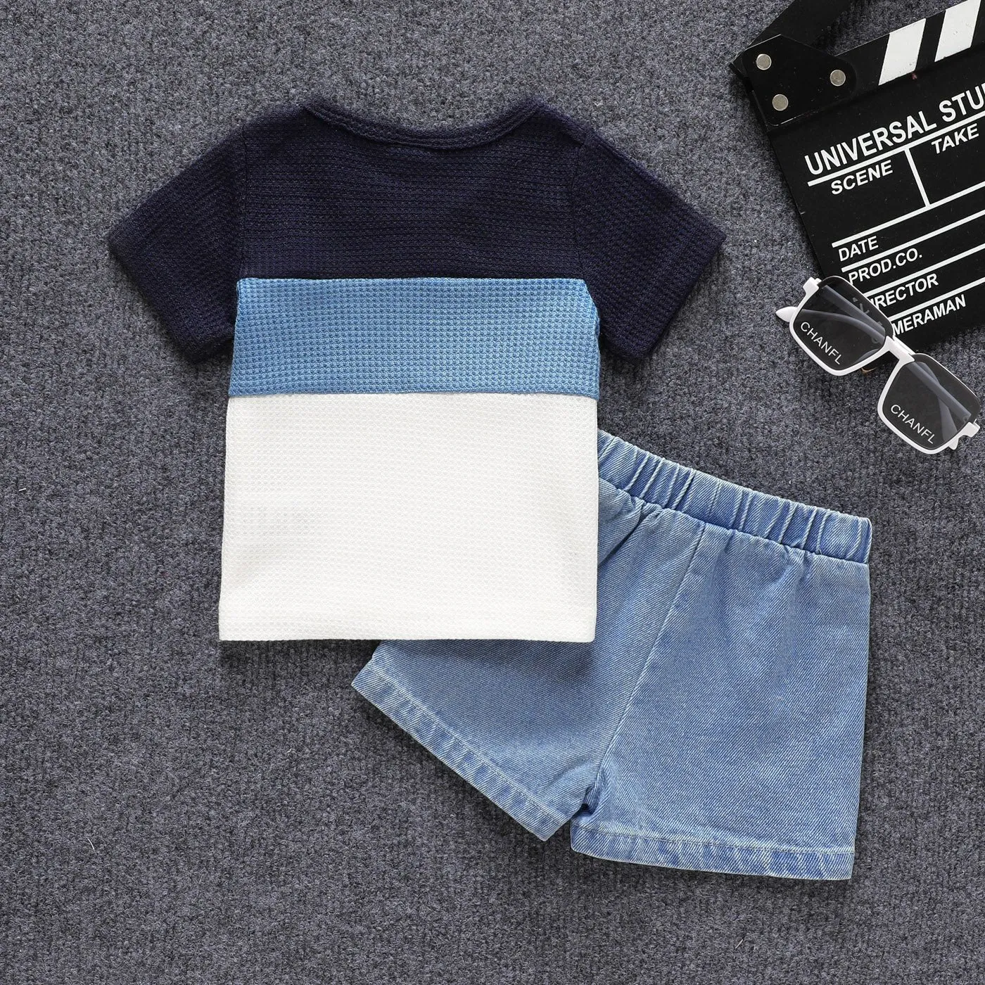2pcs Baby Boy Color Block Waffle Top and 100% Cotton Ripped Denim Shorts Set
