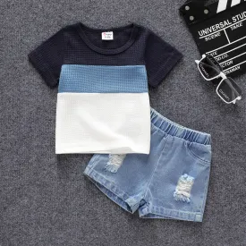2pcs Baby Boy Color Block Waffle Top and 100% Cotton Ripped Denim Shorts Set