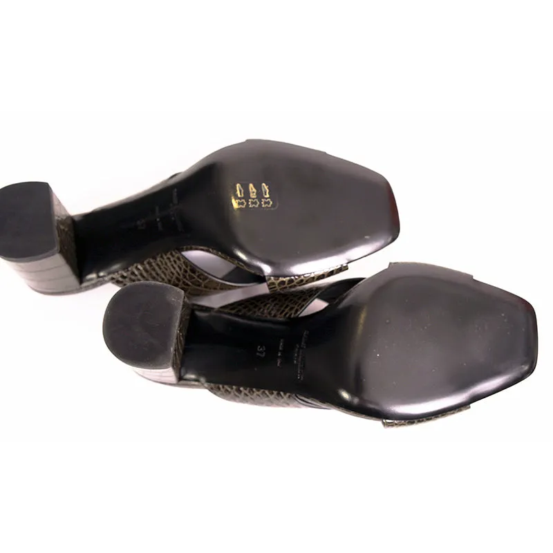 37 & 37.5 NEW $795 SAINT LAURENT Grey Lou Lou 70 Mules CROC EMBOSSED Leather SANDALS