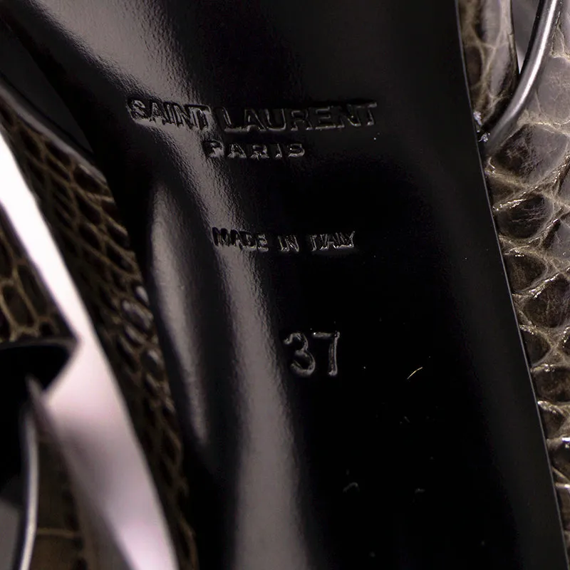37 & 37.5 NEW $795 SAINT LAURENT Grey Lou Lou 70 Mules CROC EMBOSSED Leather SANDALS