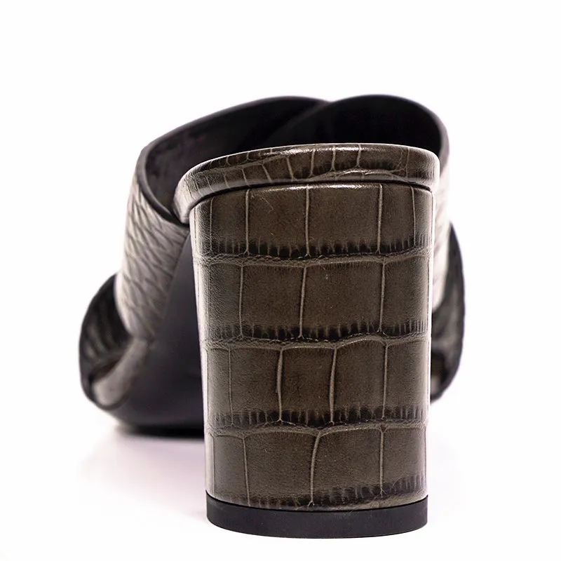 37 & 37.5 NEW $795 SAINT LAURENT Grey Lou Lou 70 Mules CROC EMBOSSED Leather SANDALS