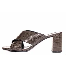 37 & 37.5 NEW $795 SAINT LAURENT Grey Lou Lou 70 Mules CROC EMBOSSED Leather SANDALS