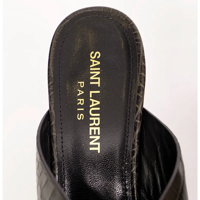 37 & 37.5 NEW $795 SAINT LAURENT Grey Lou Lou 70 Mules CROC EMBOSSED Leather SANDALS