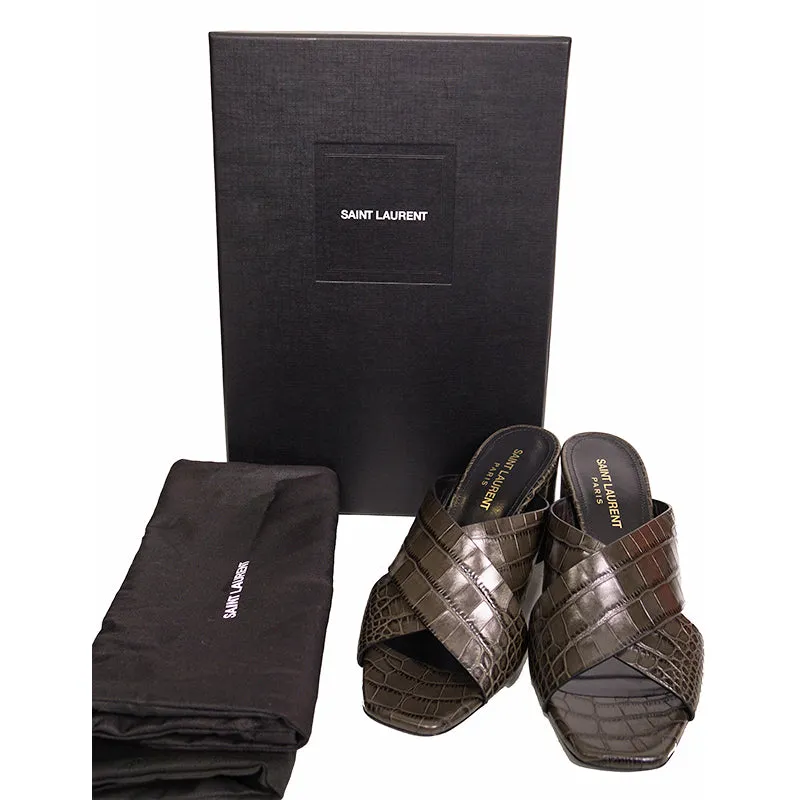37 & 37.5 NEW $795 SAINT LAURENT Grey Lou Lou 70 Mules CROC EMBOSSED Leather SANDALS