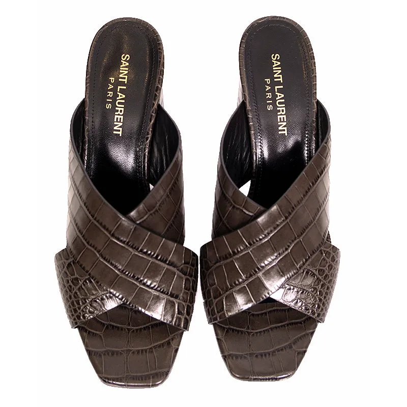37 & 37.5 NEW $795 SAINT LAURENT Grey Lou Lou 70 Mules CROC EMBOSSED Leather SANDALS