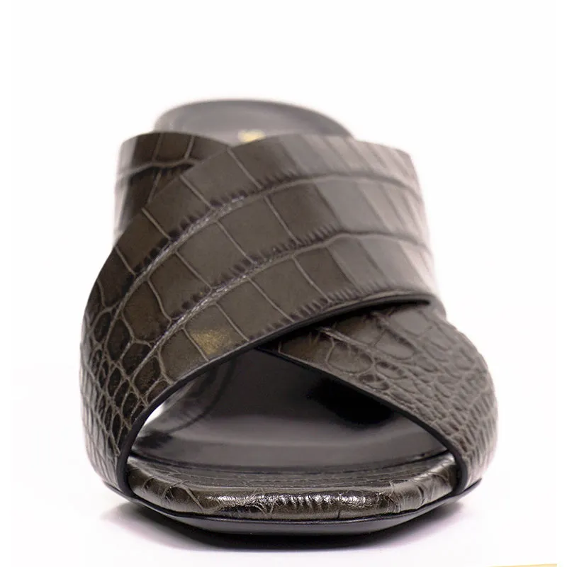 37 & 37.5 NEW $795 SAINT LAURENT Grey Lou Lou 70 Mules CROC EMBOSSED Leather SANDALS