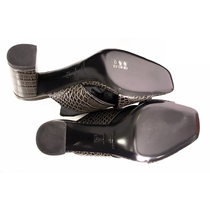 37 & 37.5 NEW $795 SAINT LAURENT Grey Lou Lou 70 Mules CROC EMBOSSED Leather SANDALS