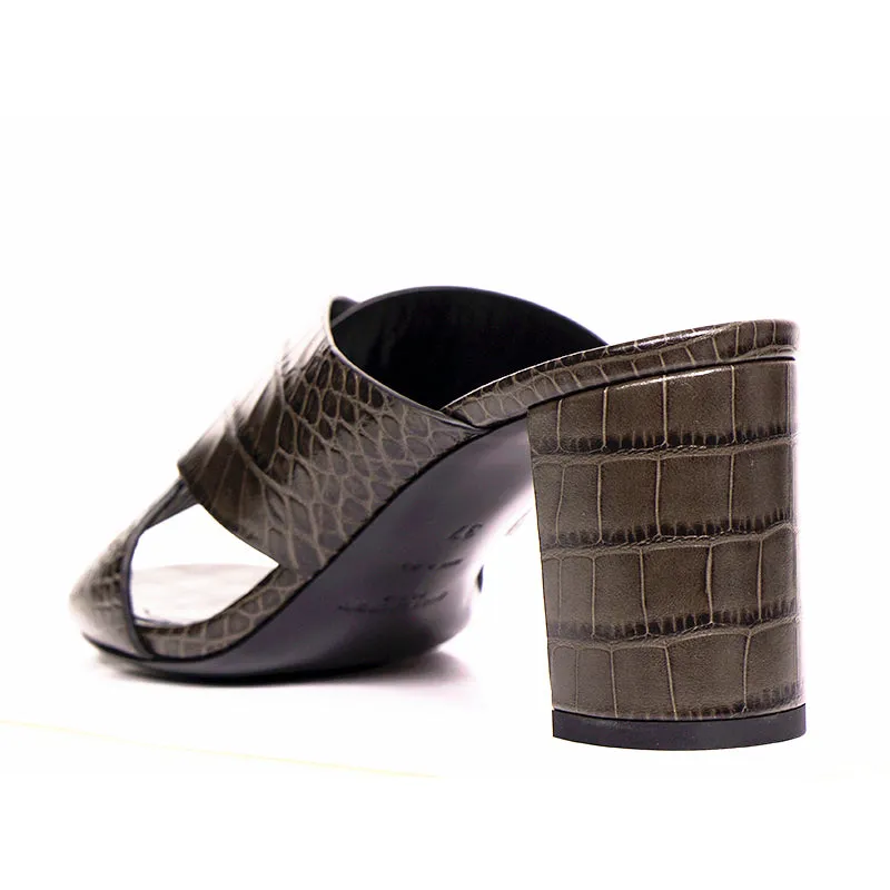 37 & 37.5 NEW $795 SAINT LAURENT Grey Lou Lou 70 Mules CROC EMBOSSED Leather SANDALS