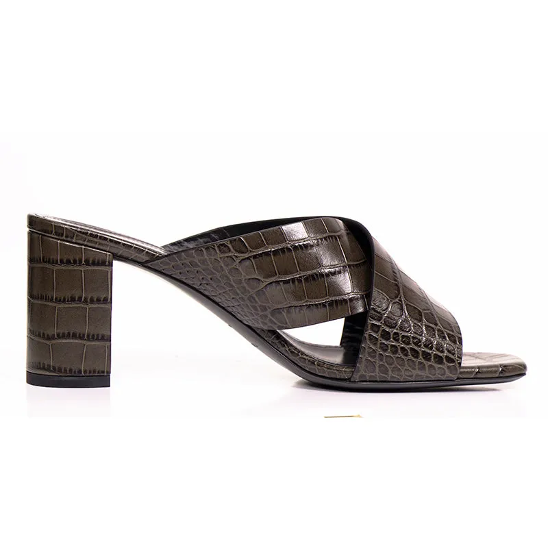 37 & 37.5 NEW $795 SAINT LAURENT Grey Lou Lou 70 Mules CROC EMBOSSED Leather SANDALS