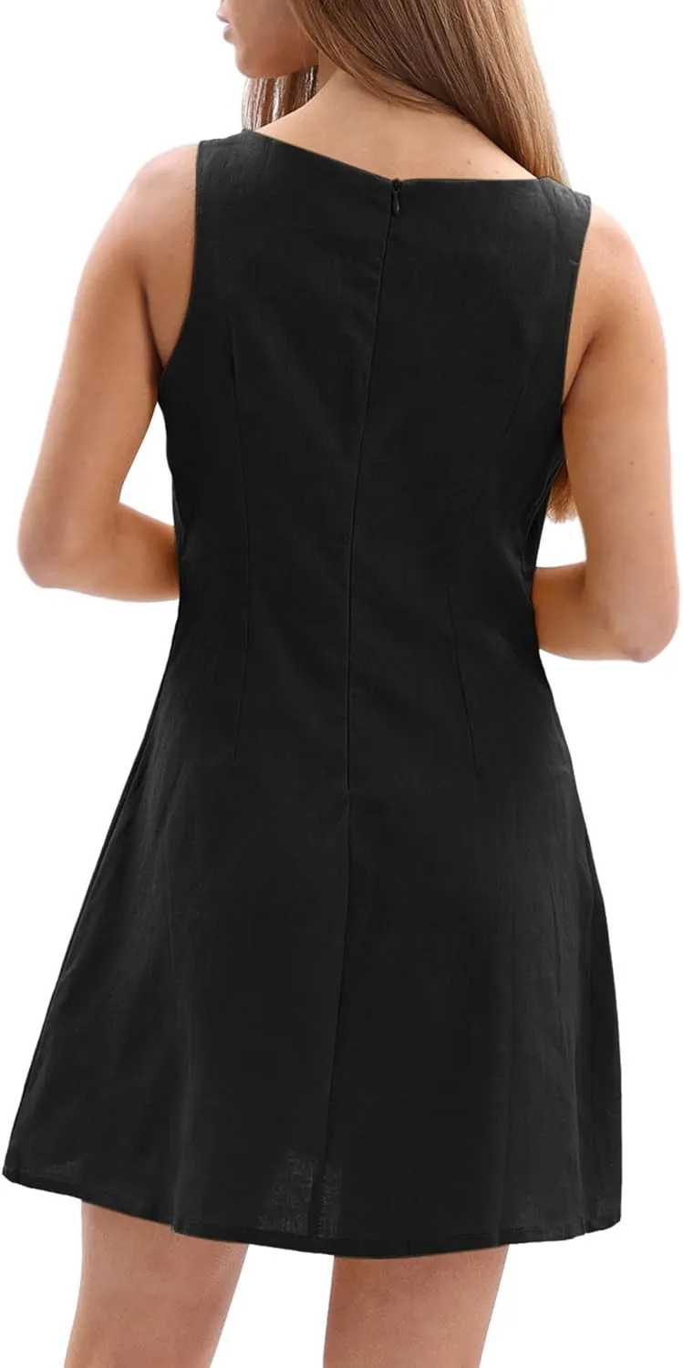 Amazhiyu Women's 100% Linen Square Neck Sleeveless Summer Mini Tank Dresses Casual