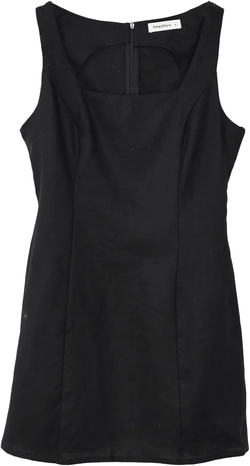 Amazhiyu Women's 100% Linen Square Neck Sleeveless Summer Mini Tank Dresses Casual