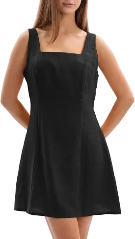 Amazhiyu Women's 100% Linen Square Neck Sleeveless Summer Mini Tank Dresses Casual