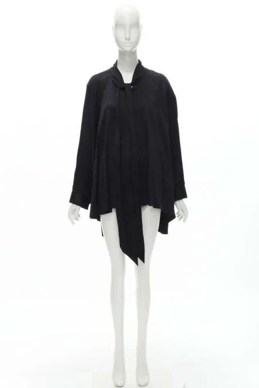 BALENCIAGA 2020 Demna black striped pussy bow cascade hem oversized shirt FR36 S