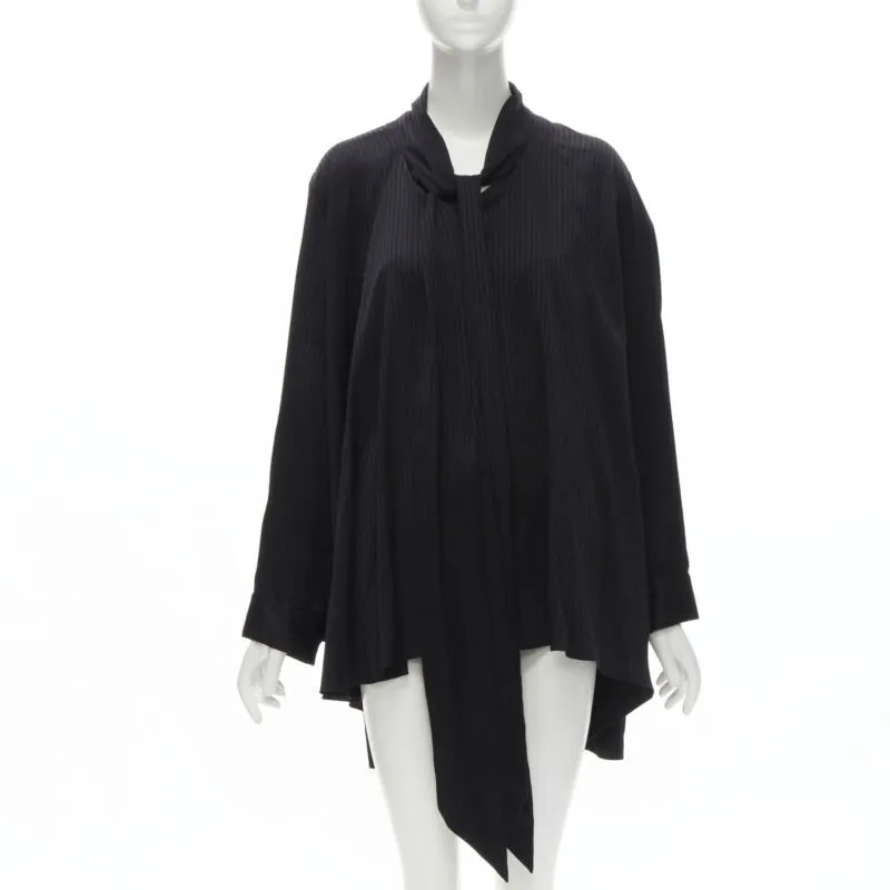 BALENCIAGA 2020 Demna black striped pussy bow cascade hem oversized shirt FR36 S