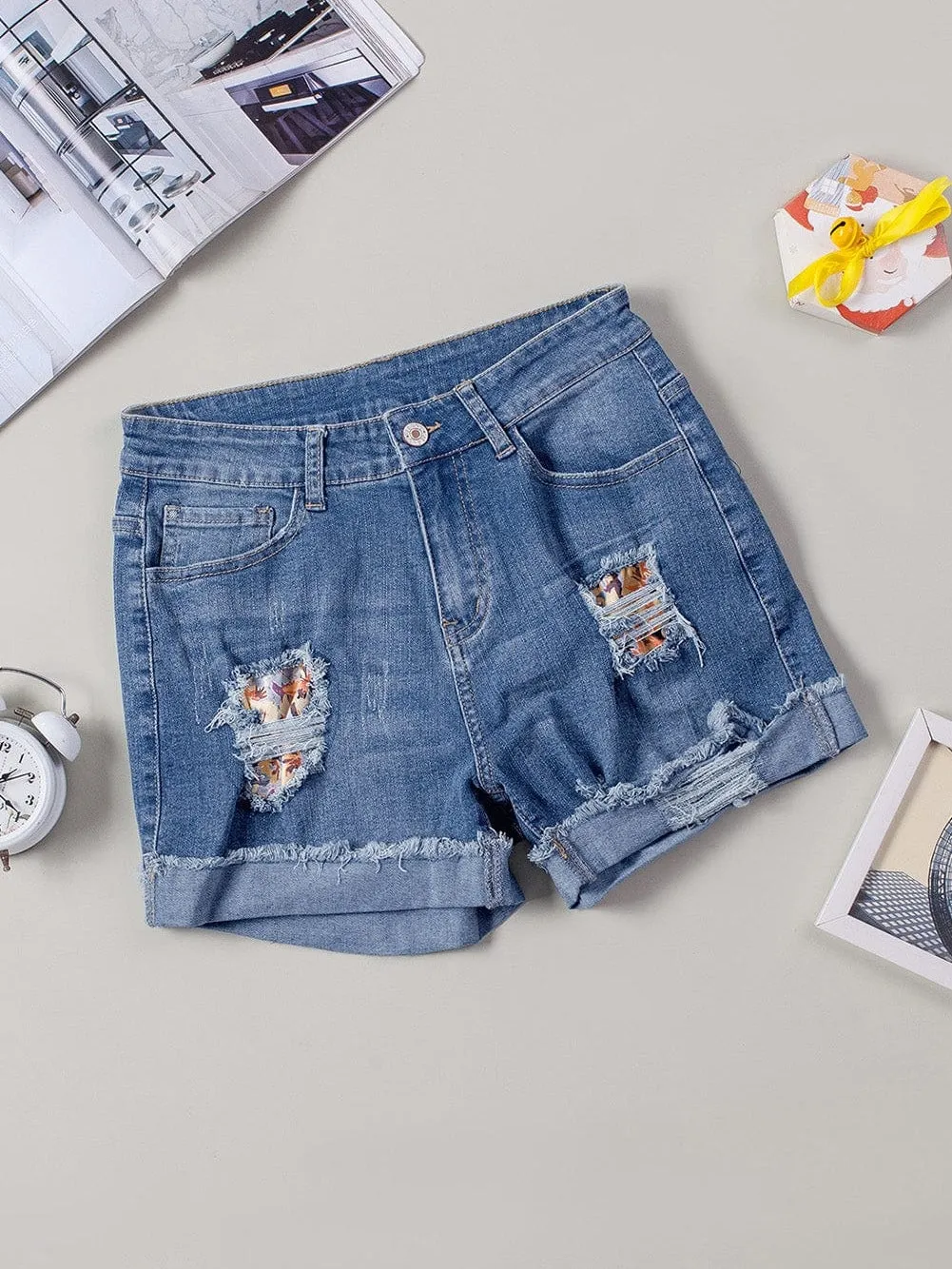 Beachy Ripped Denim Shorts with Floral Print