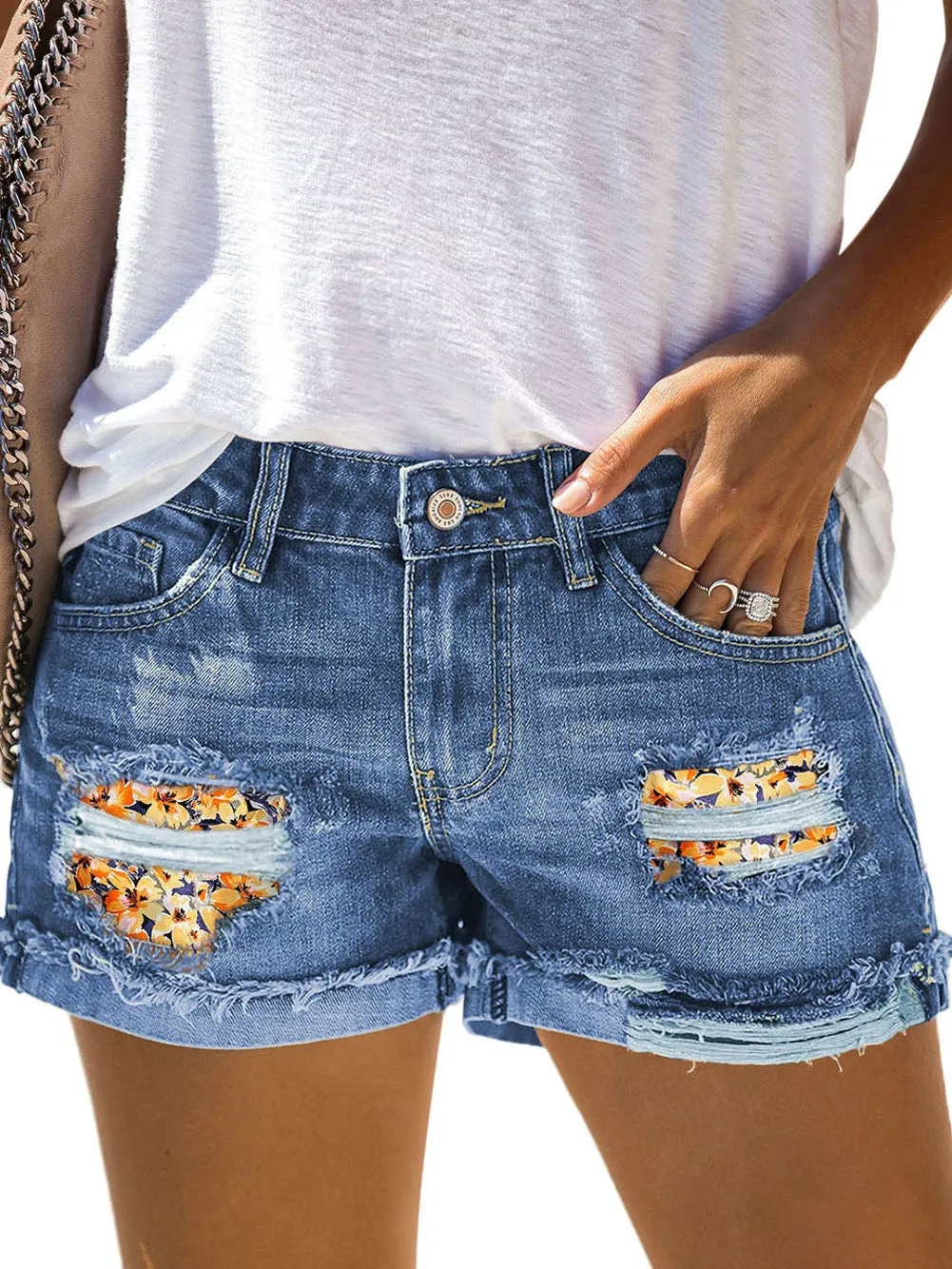 Beachy Ripped Denim Shorts with Floral Print