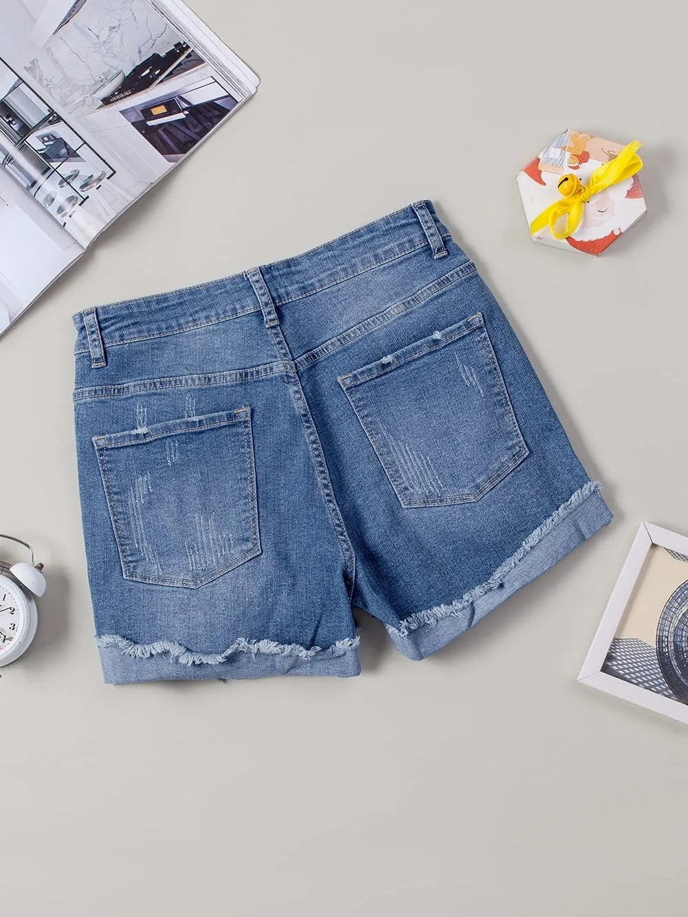 Beachy Ripped Denim Shorts with Floral Print