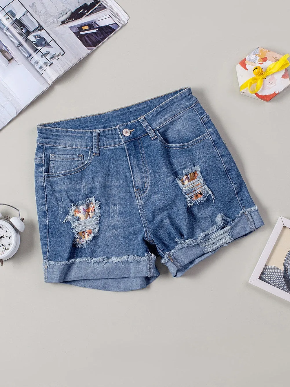 Beachy Ripped Denim Shorts with Floral Print