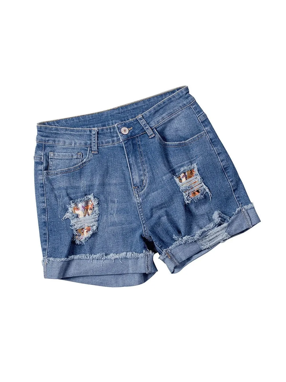 Beachy Ripped Denim Shorts with Floral Print