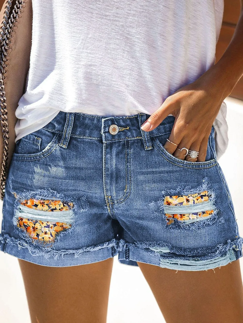 Beachy Ripped Denim Shorts with Floral Print