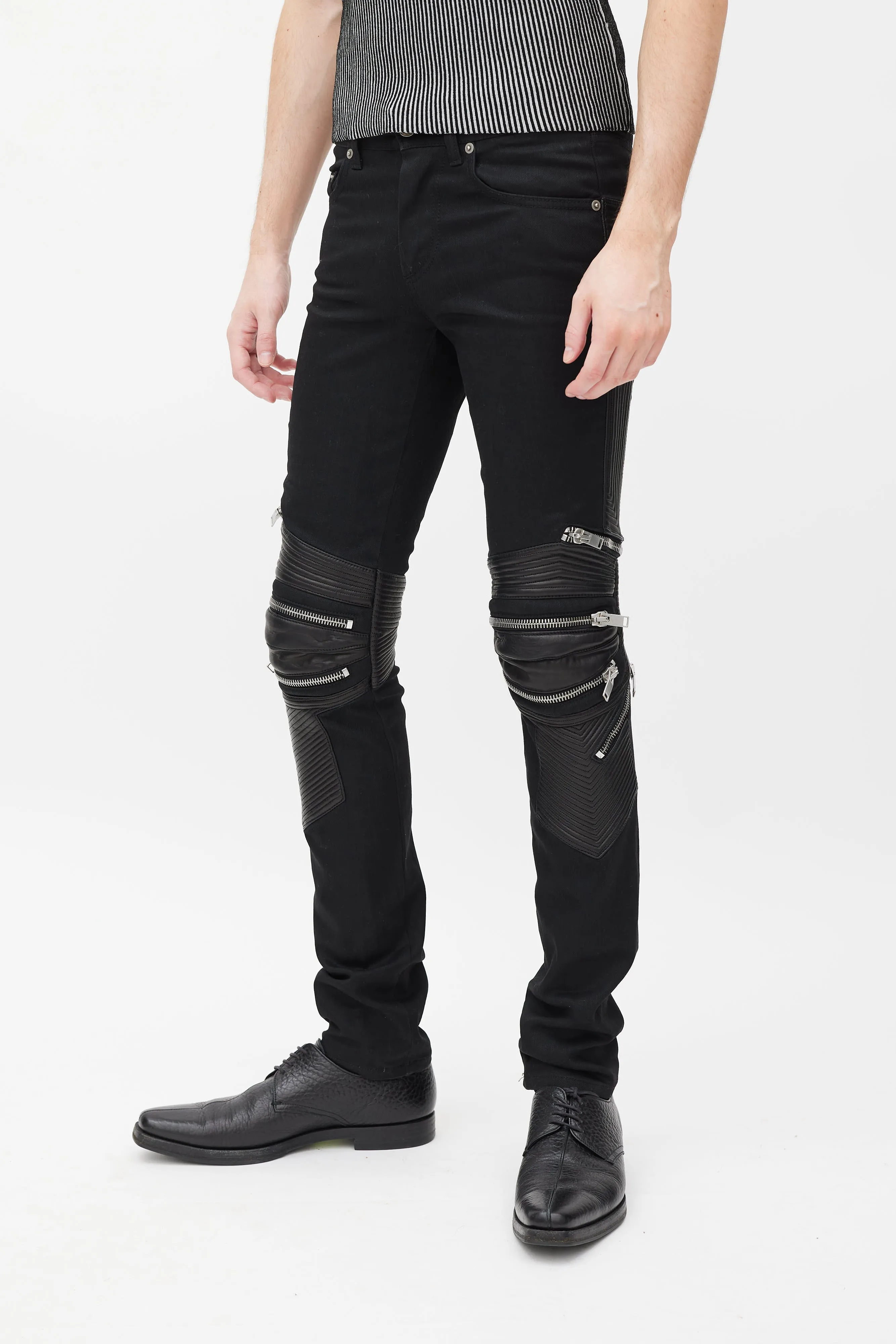 Black Denim & Leather Slim Biker Pant