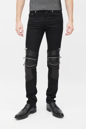 Black Denim & Leather Slim Biker Pant
