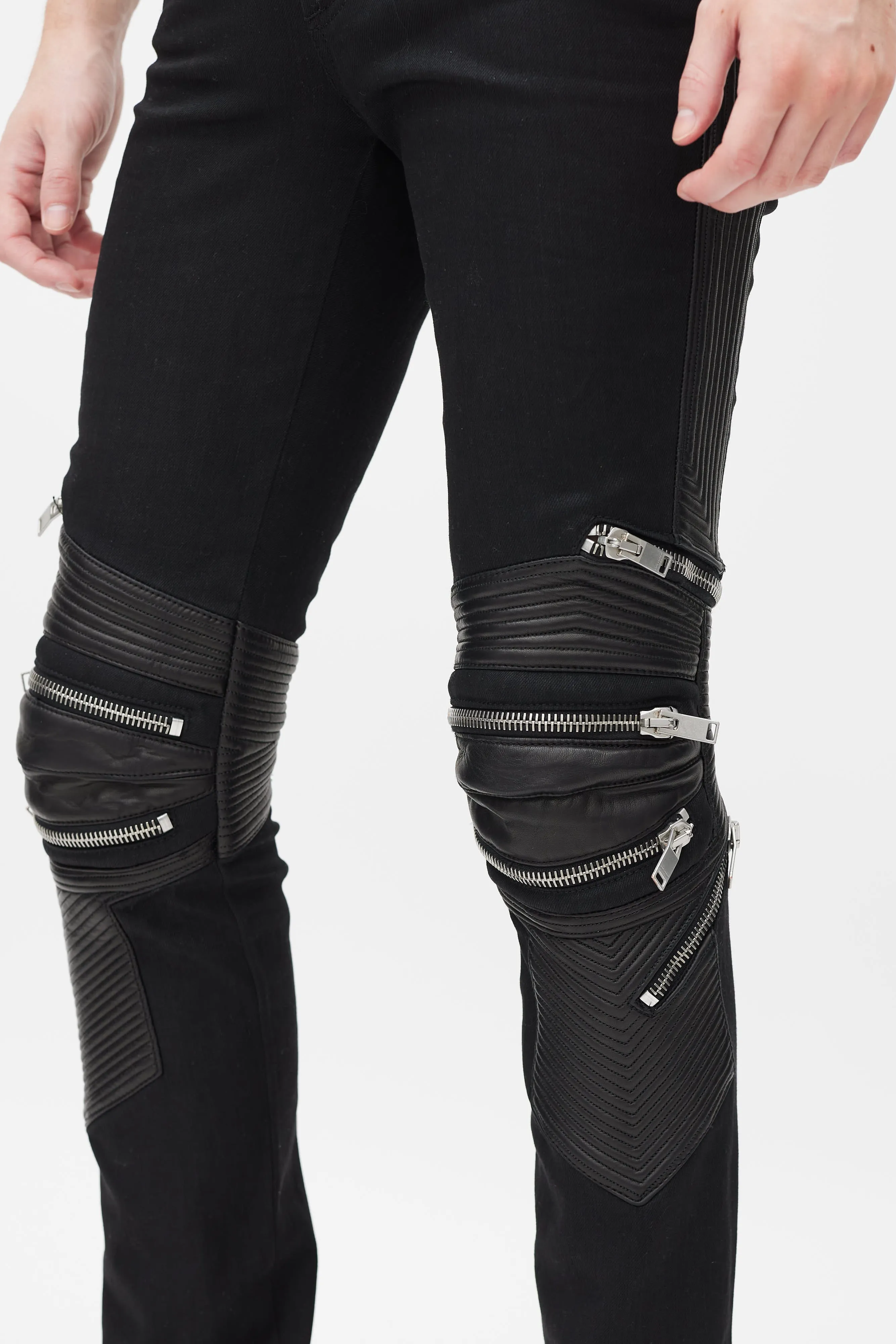 Black Denim & Leather Slim Biker Pant