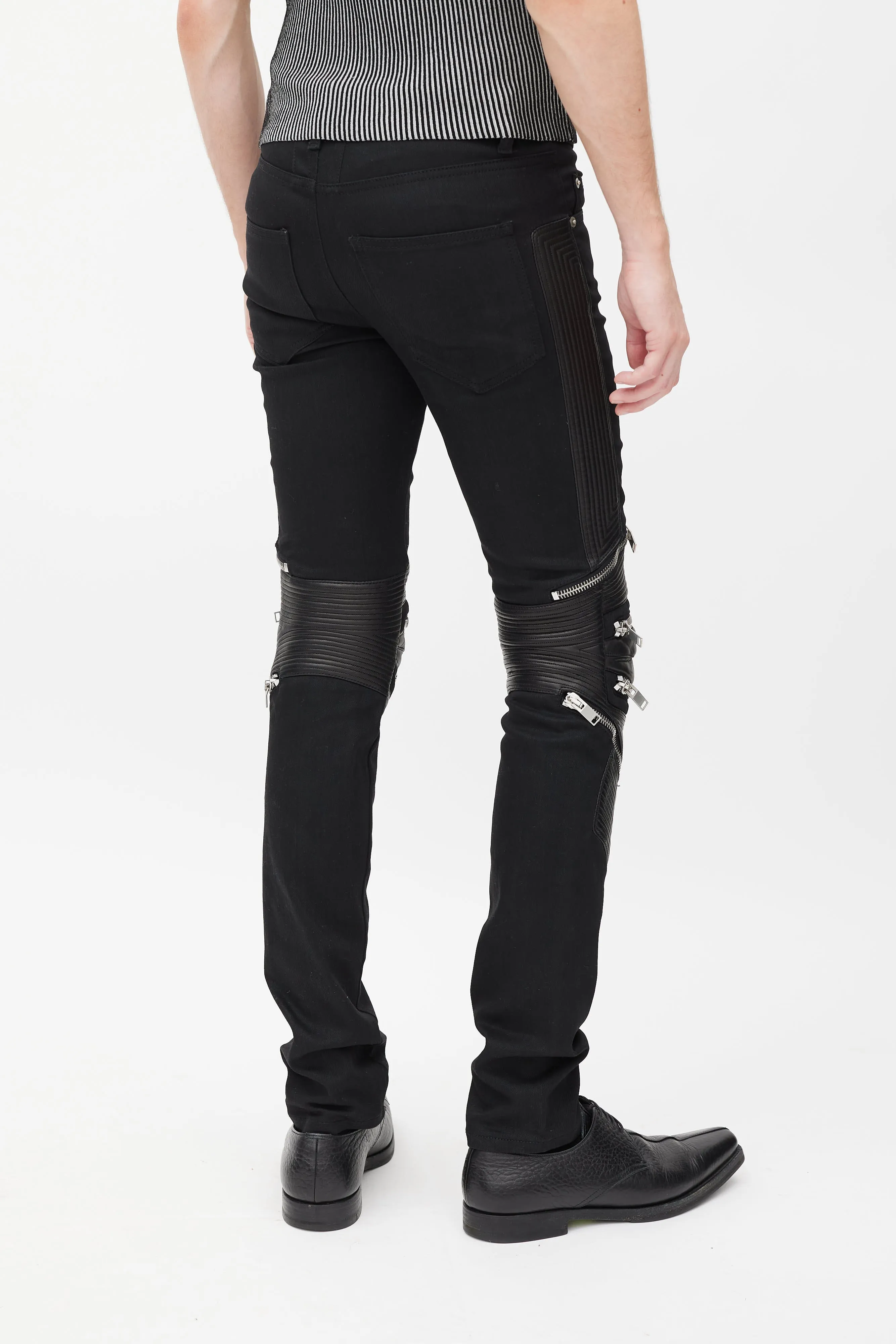 Black Denim & Leather Slim Biker Pant