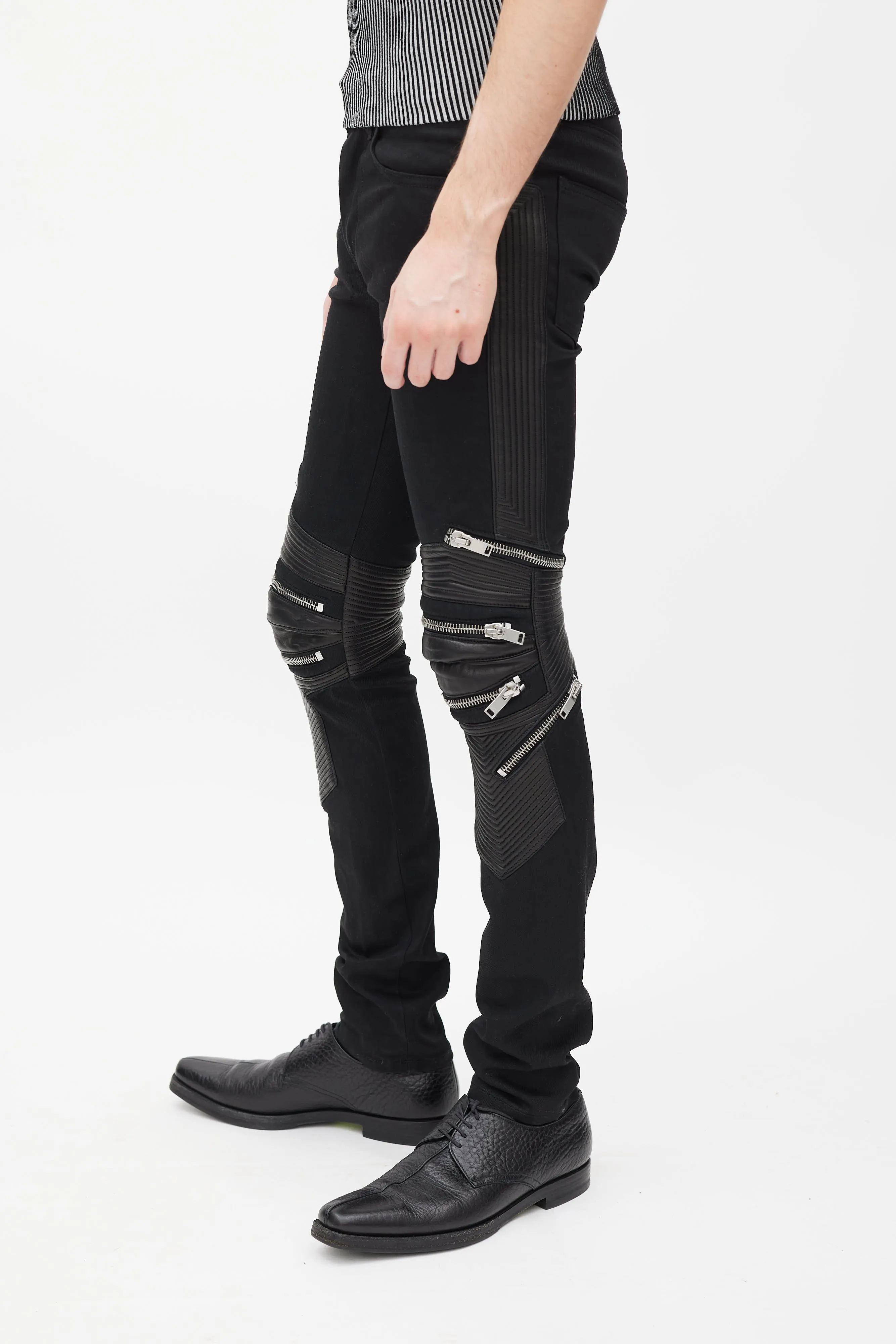 Black Denim & Leather Slim Biker Pant