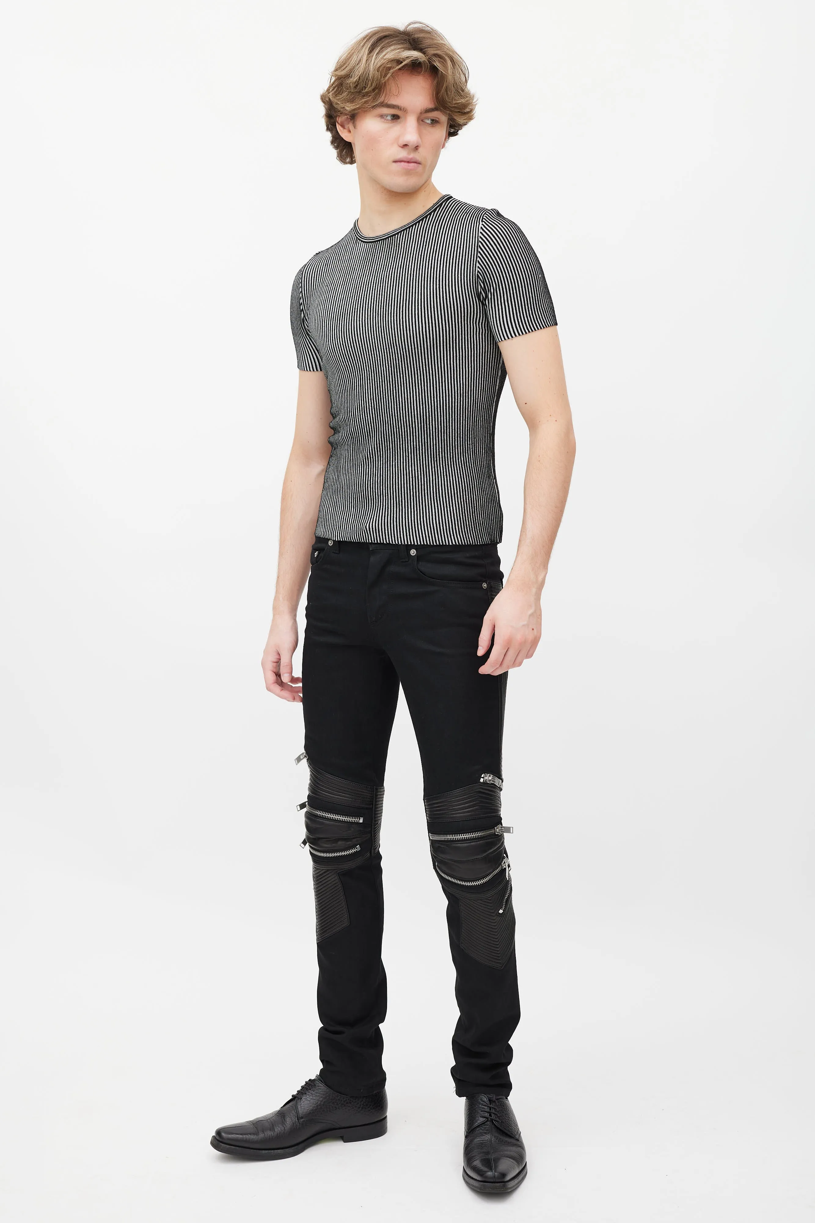Black Denim & Leather Slim Biker Pant