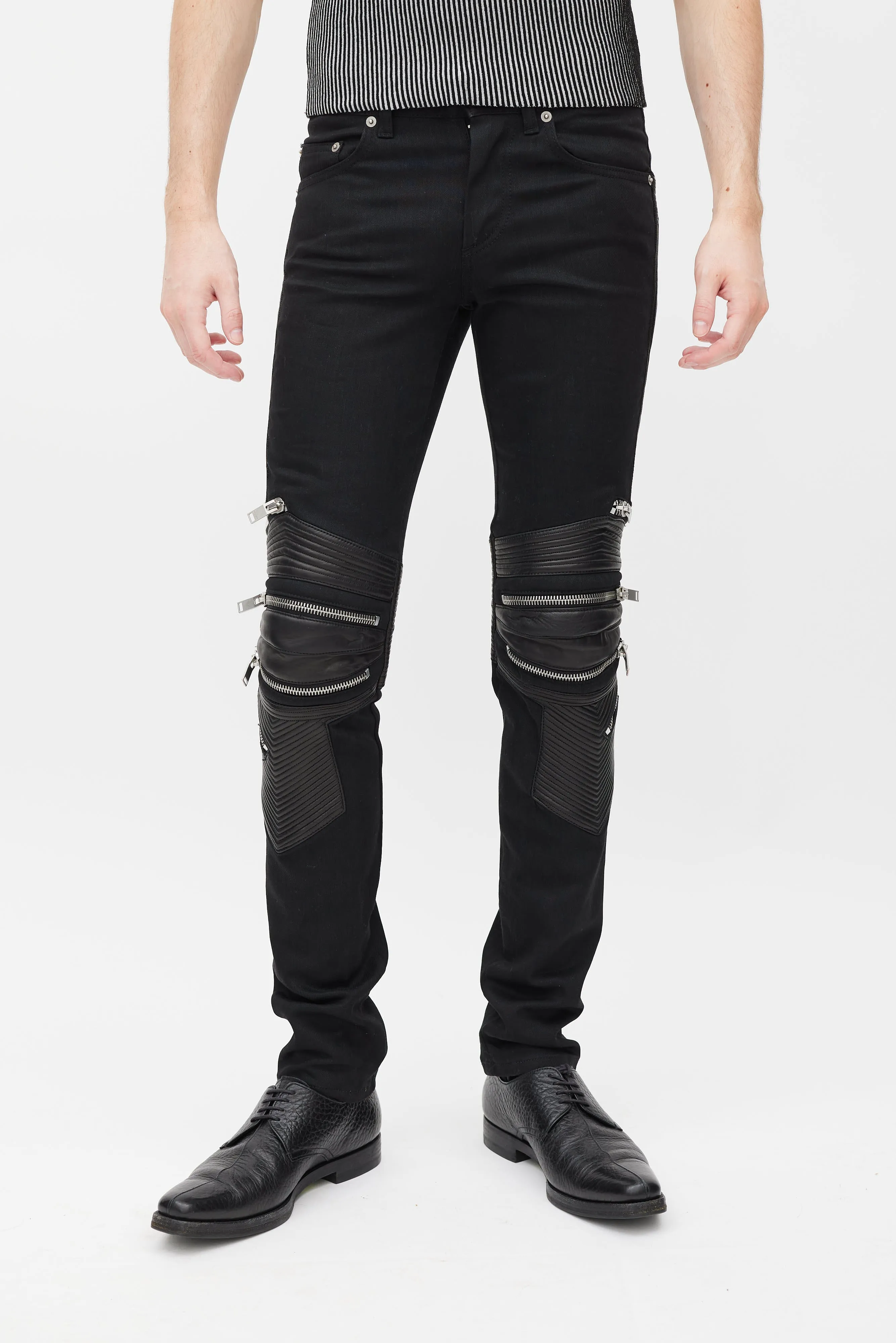 Black Denim & Leather Slim Biker Pant