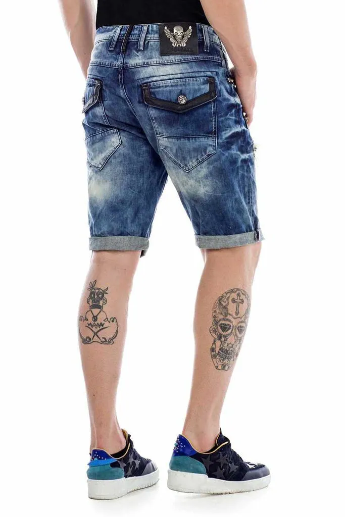 CK181 Metal Embroidered Ripped Patch Denim Capri Shorts
