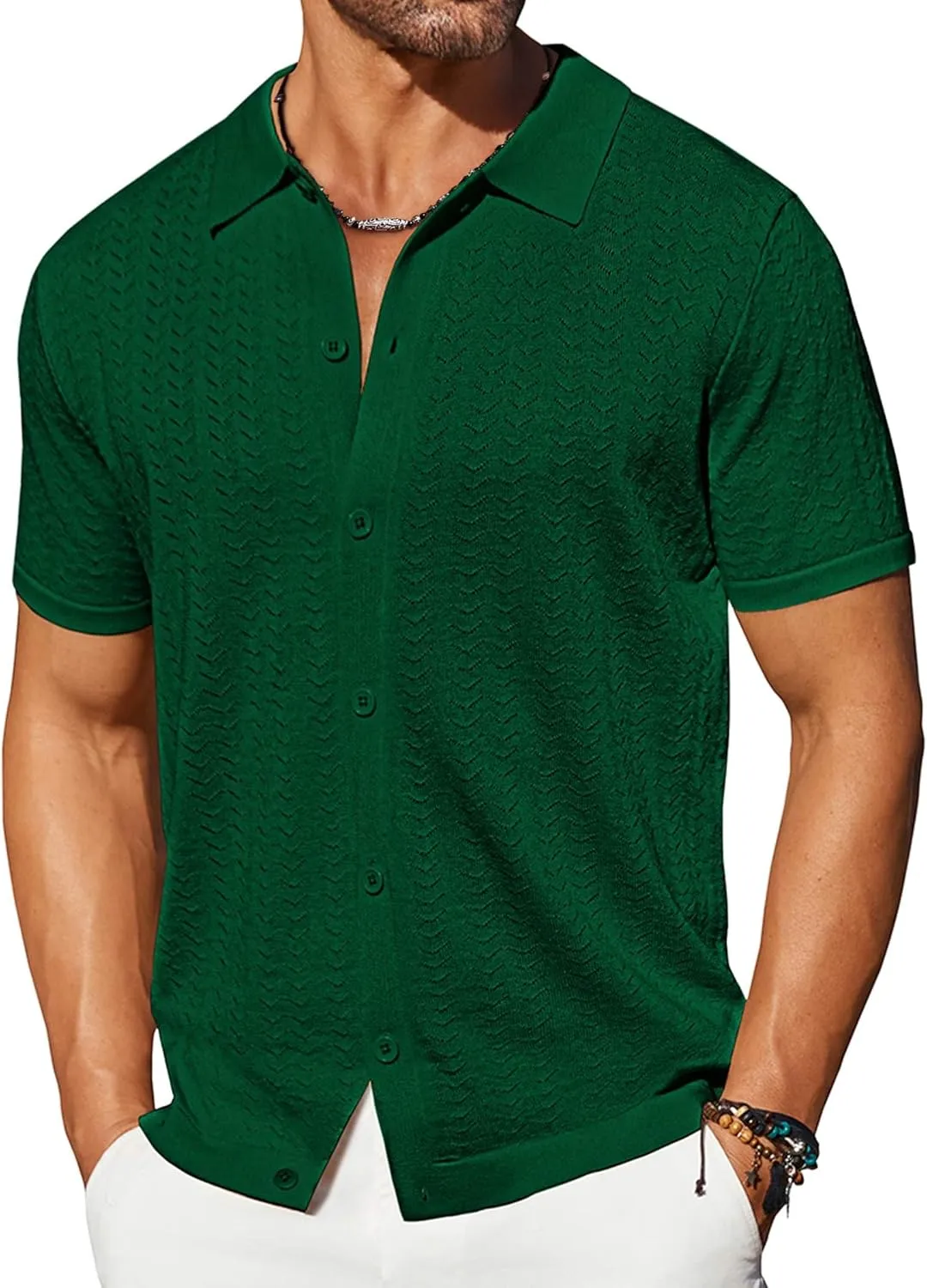 COOFANDY Men's Knit Shirts Short Sleeve Button Down Shirt Casual Summer Beach Shirt