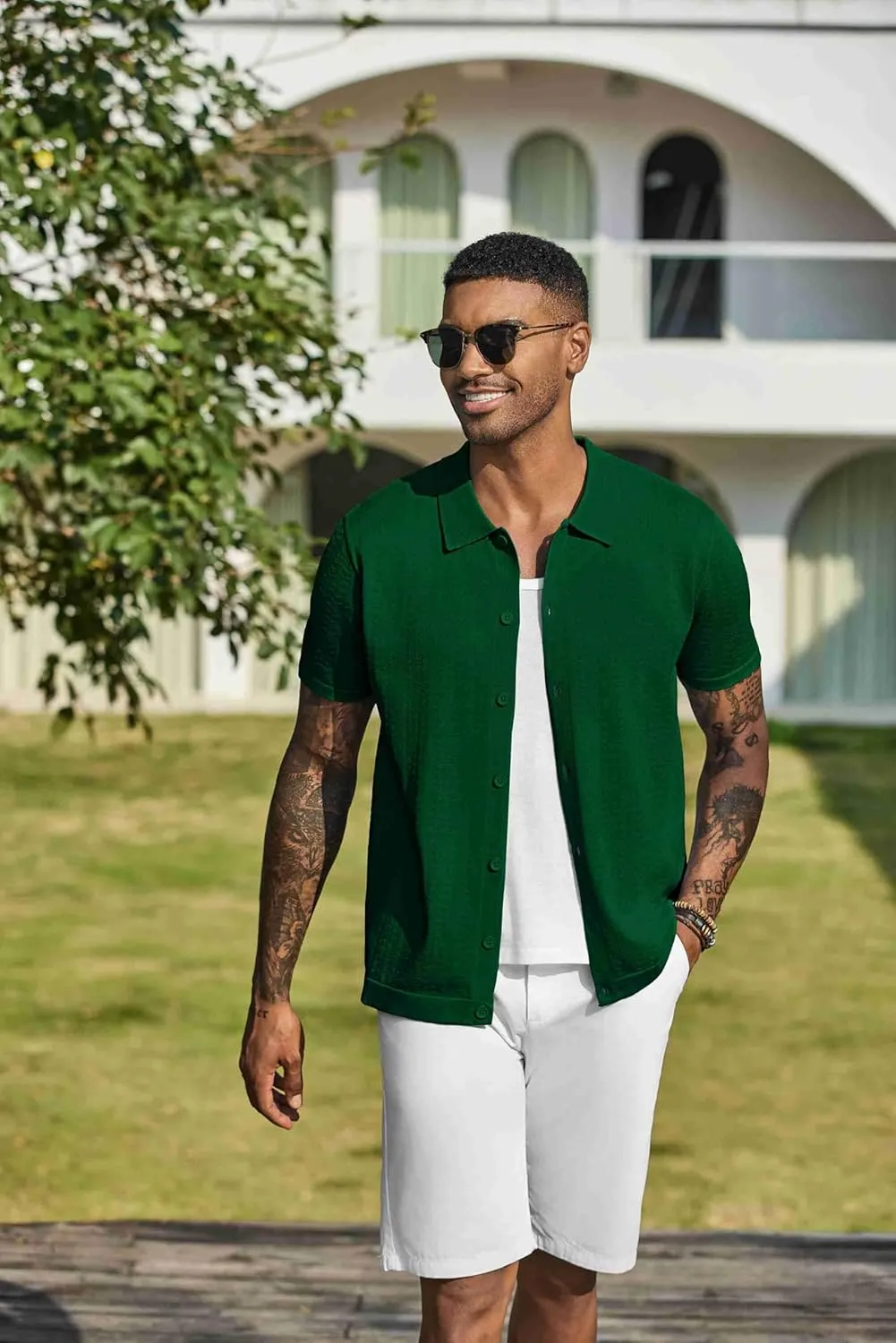 COOFANDY Men's Knit Shirts Short Sleeve Button Down Shirt Casual Summer Beach Shirt