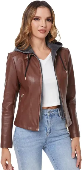 DIASHINY Faux Leather Jacket For Women Removable Hooded Moto Biker Outwear Coat