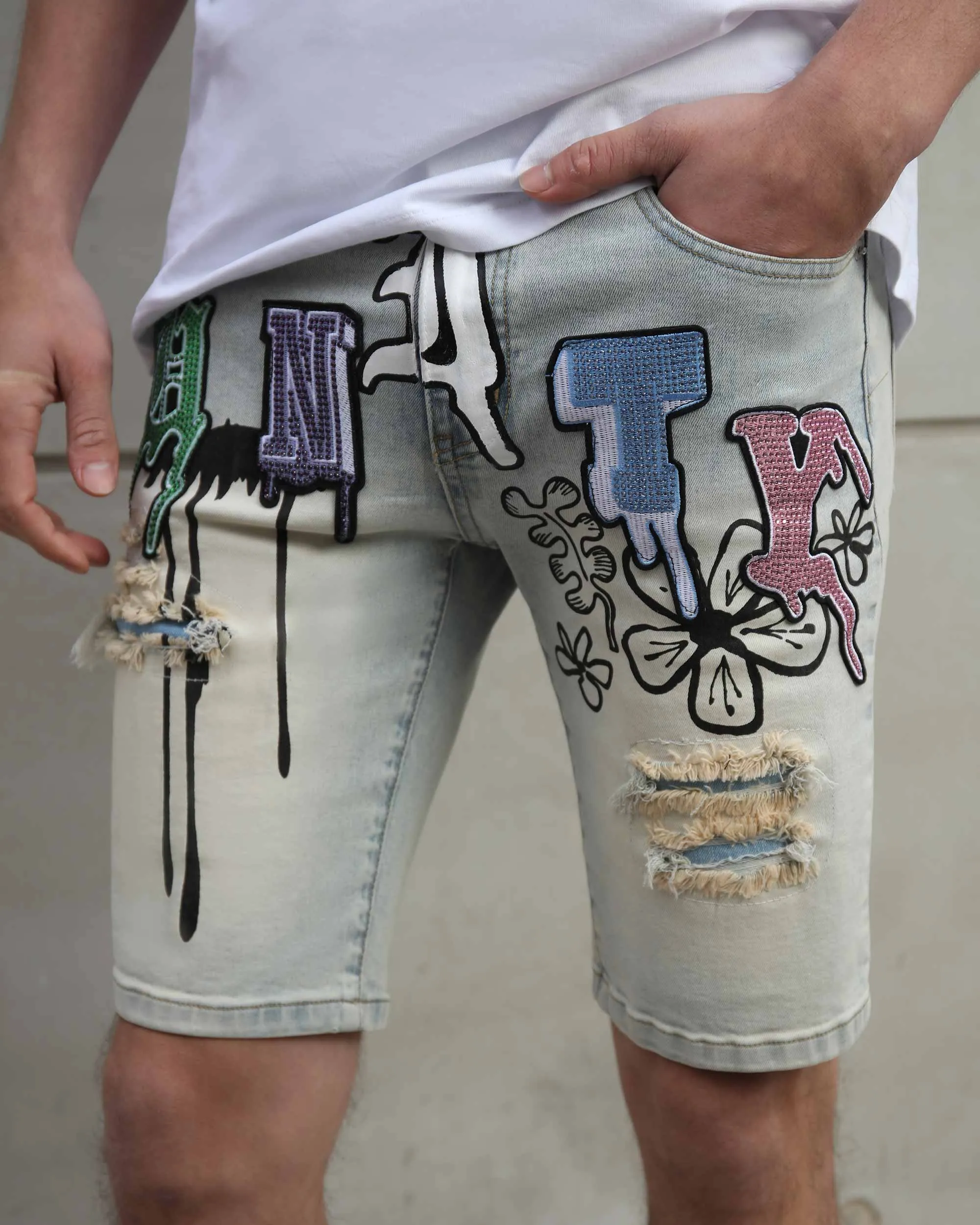 Distressed Graffiti Painted Blue Denim Shorts