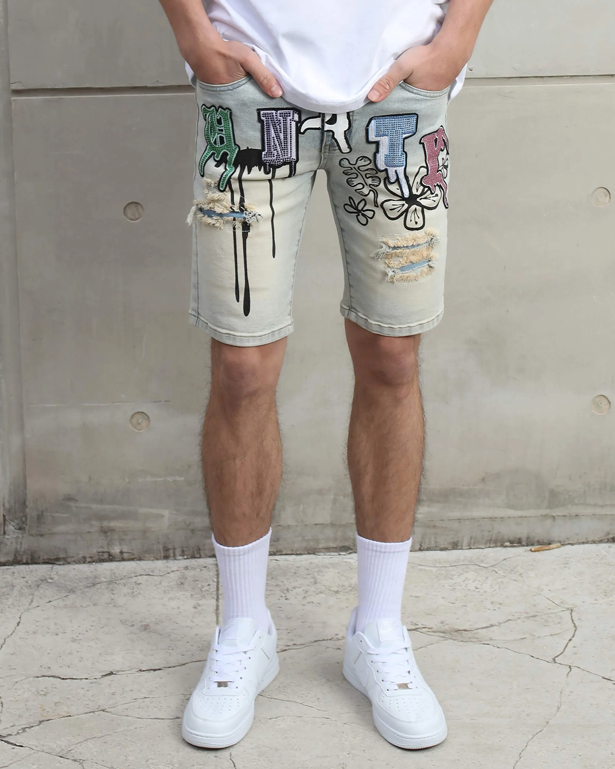 Distressed Graffiti Painted Blue Denim Shorts
