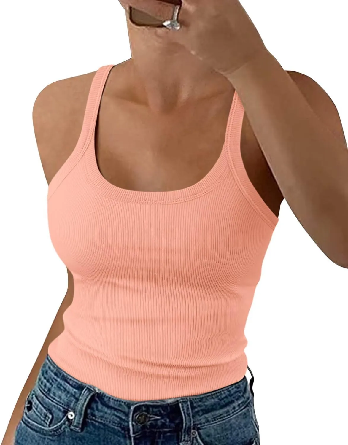EADINVE Women's Scoop Neck Spaghetti Strap Tank Top Ribbed Sleeveless Slim Fit Camisole Summer Casual Outfits 2025
