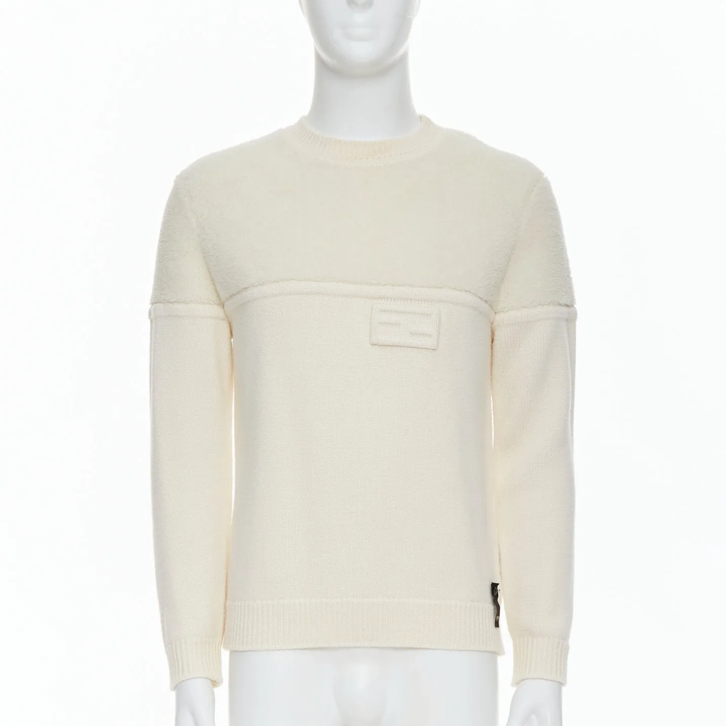 FENDI 100% wool fleece cream panelled logo applique sweater IT46 S