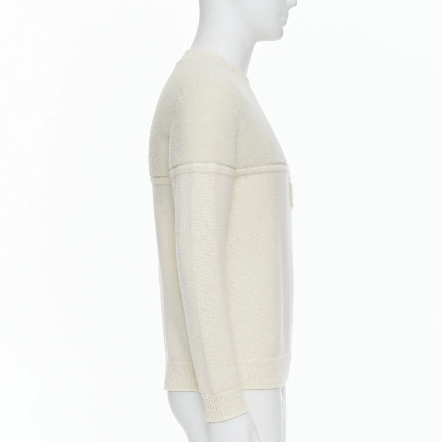 FENDI 100% wool fleece cream panelled logo applique sweater IT46 S