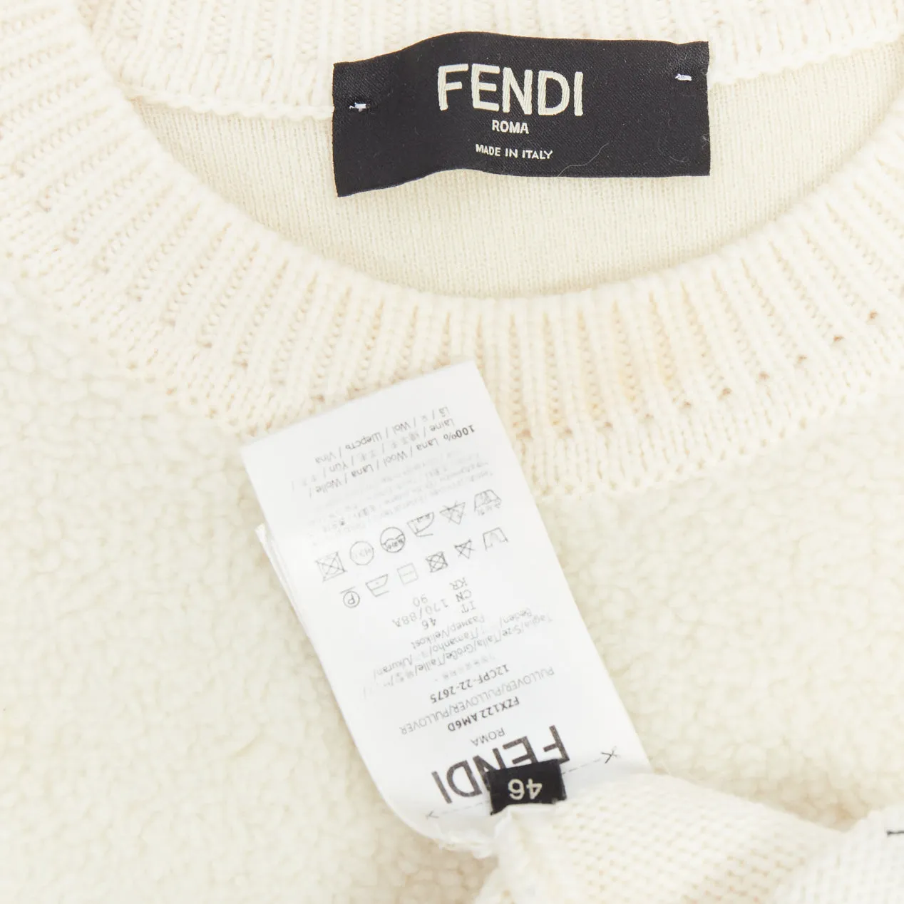 FENDI 100% wool fleece cream panelled logo applique sweater IT46 S