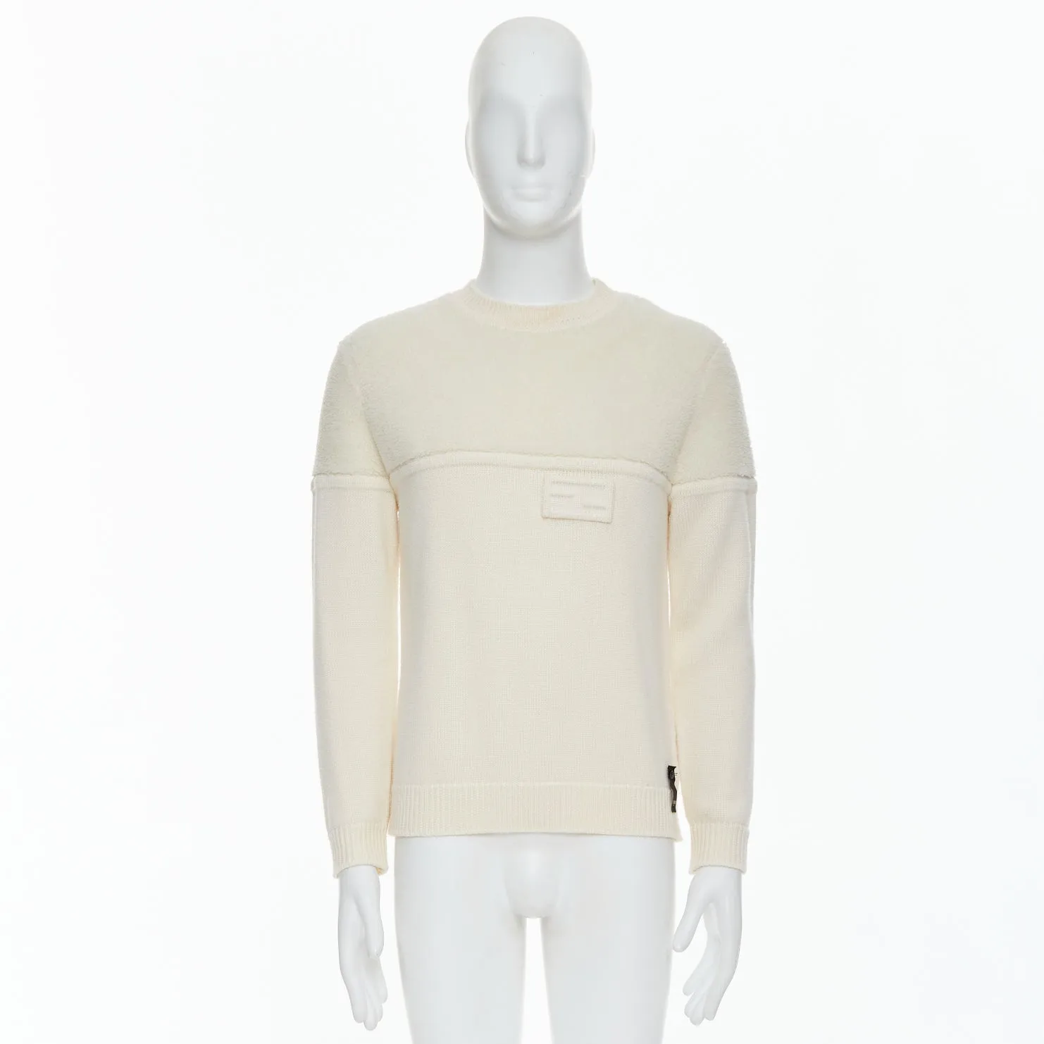 FENDI 100% wool fleece cream panelled logo applique sweater IT46 S
