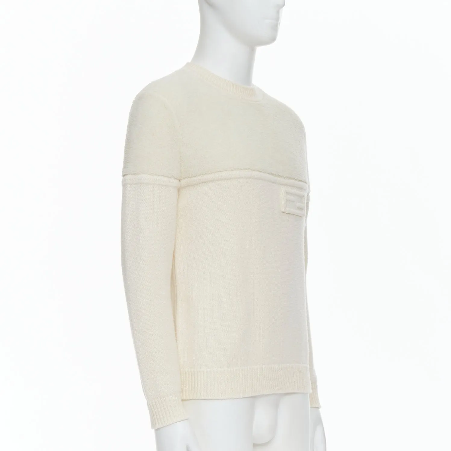 FENDI 100% wool fleece cream panelled logo applique sweater IT46 S