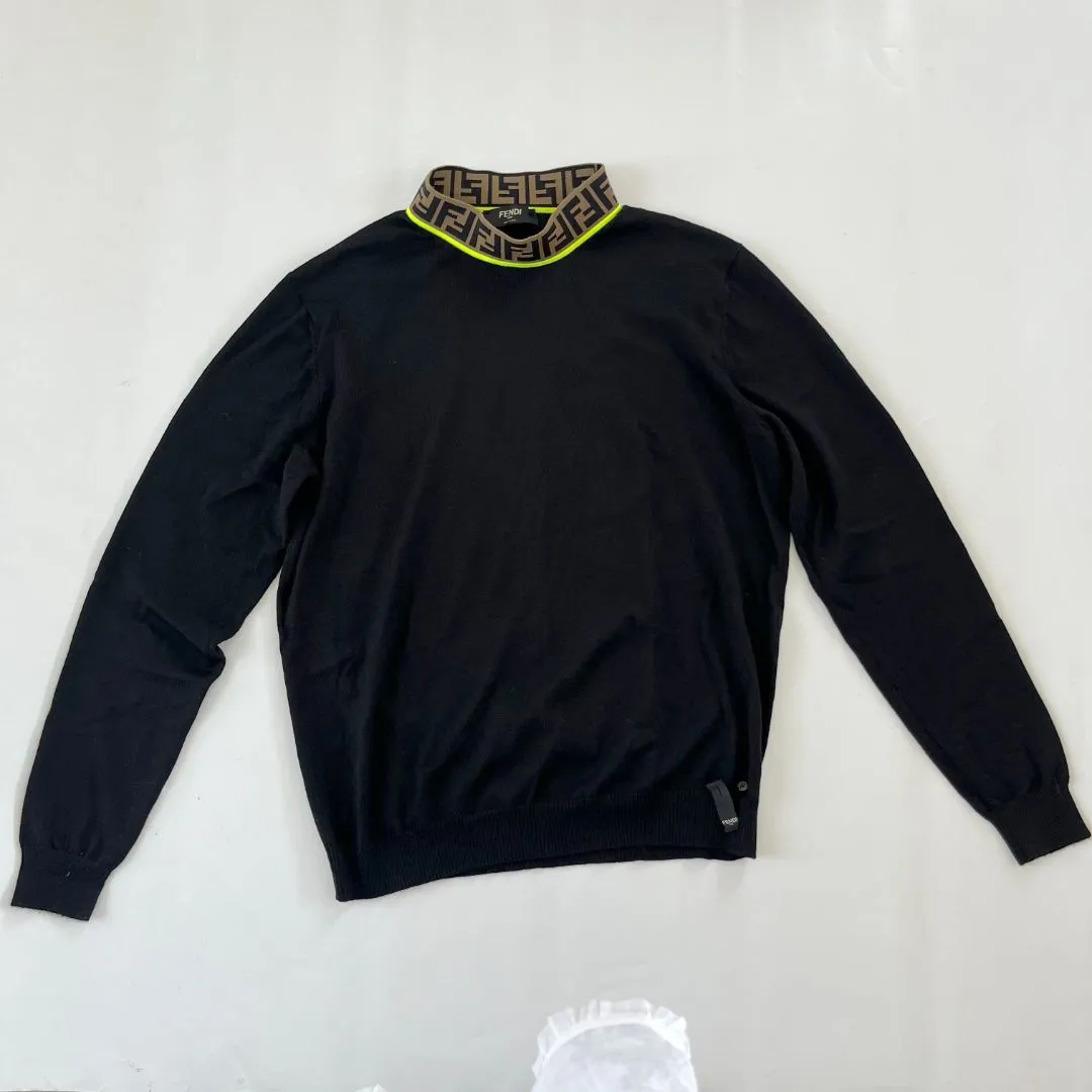 Fendi Long Sleeve Black Pull Over with FF collar, Mens