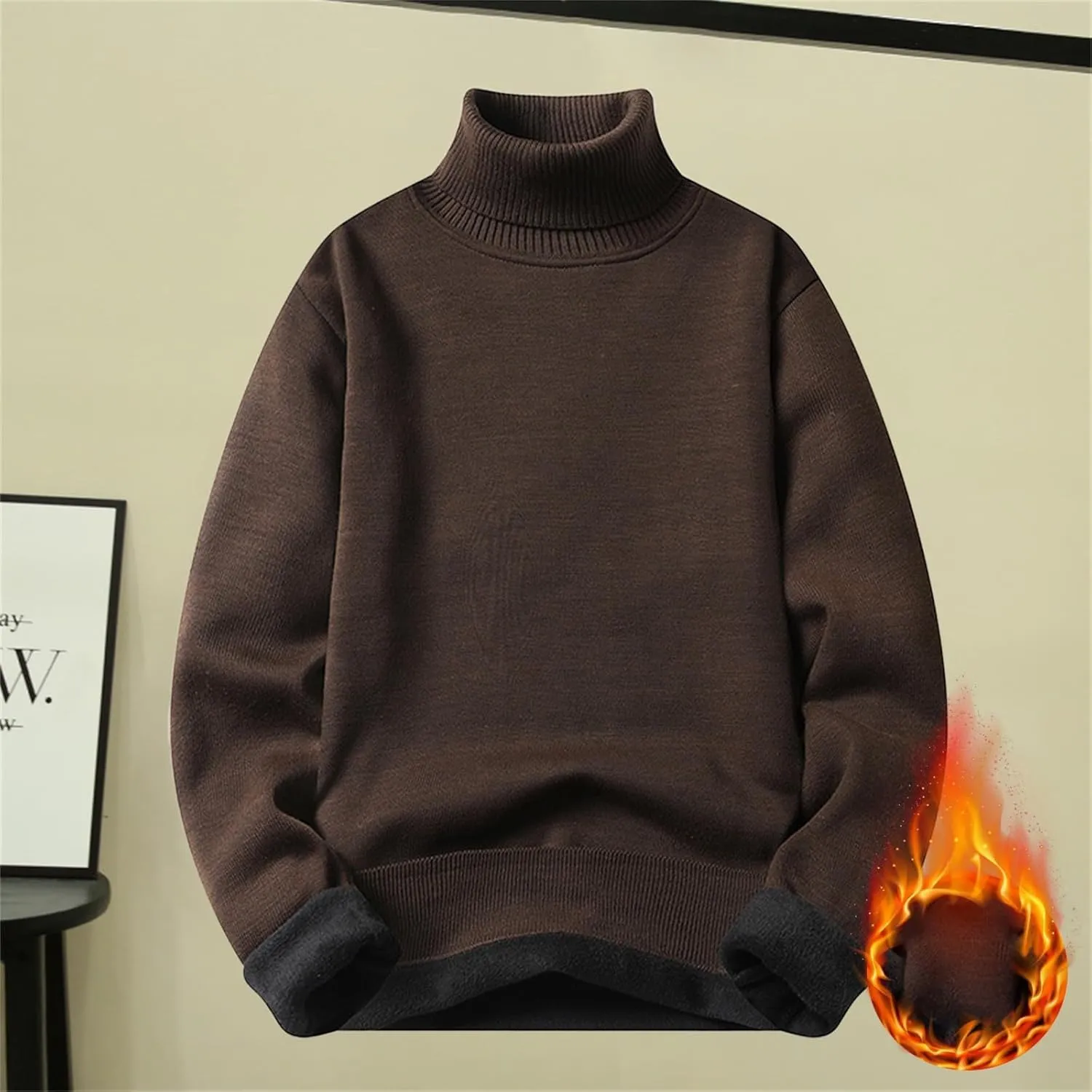Fleece Lined Sweatshirts for Men Turtleneck Oversized Long Sleeve Knit Sweater Solid Casual Winter Warm Pullover Tops