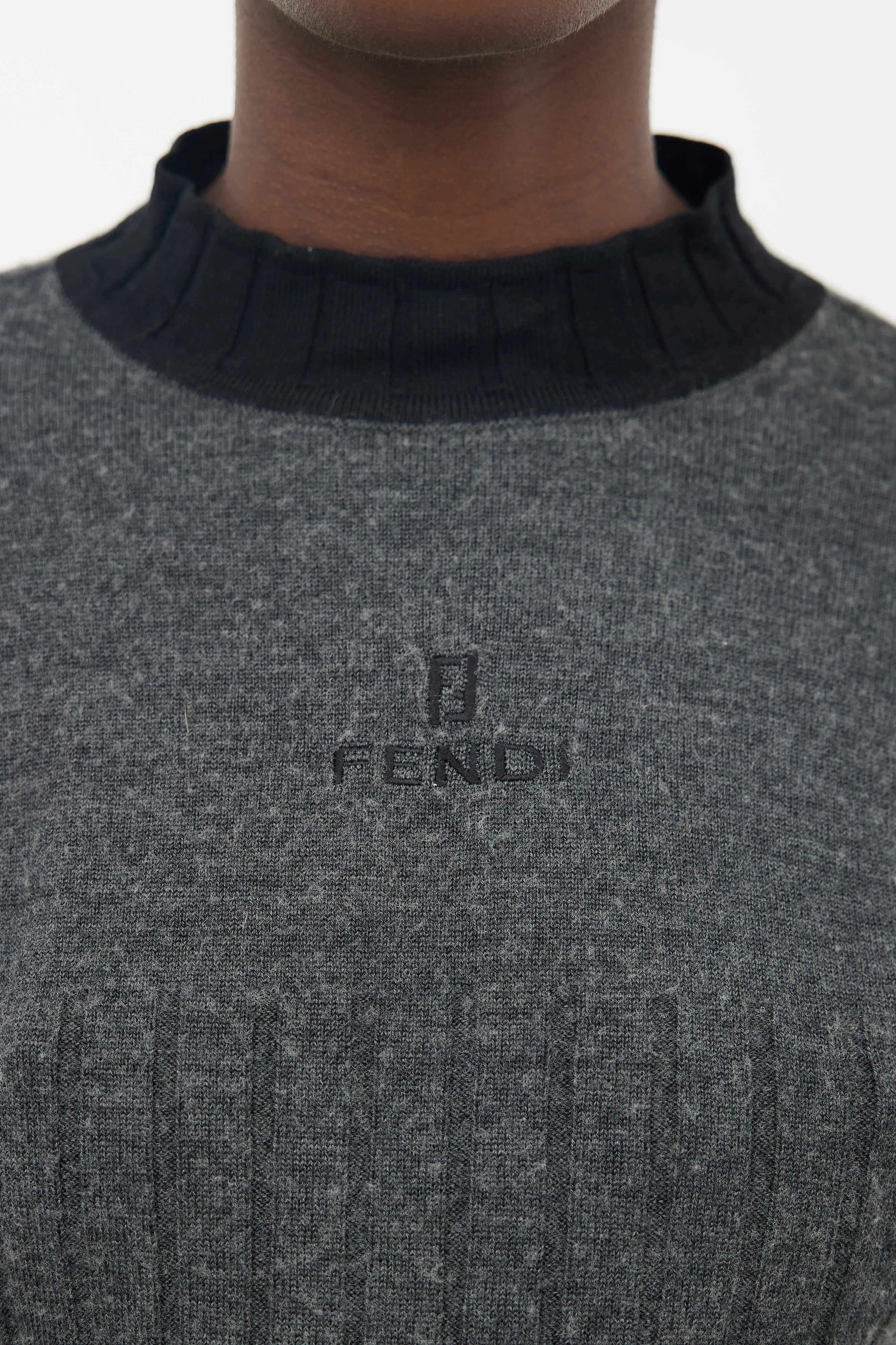 Grey & Black Knit Mock Neck Logo Sweater