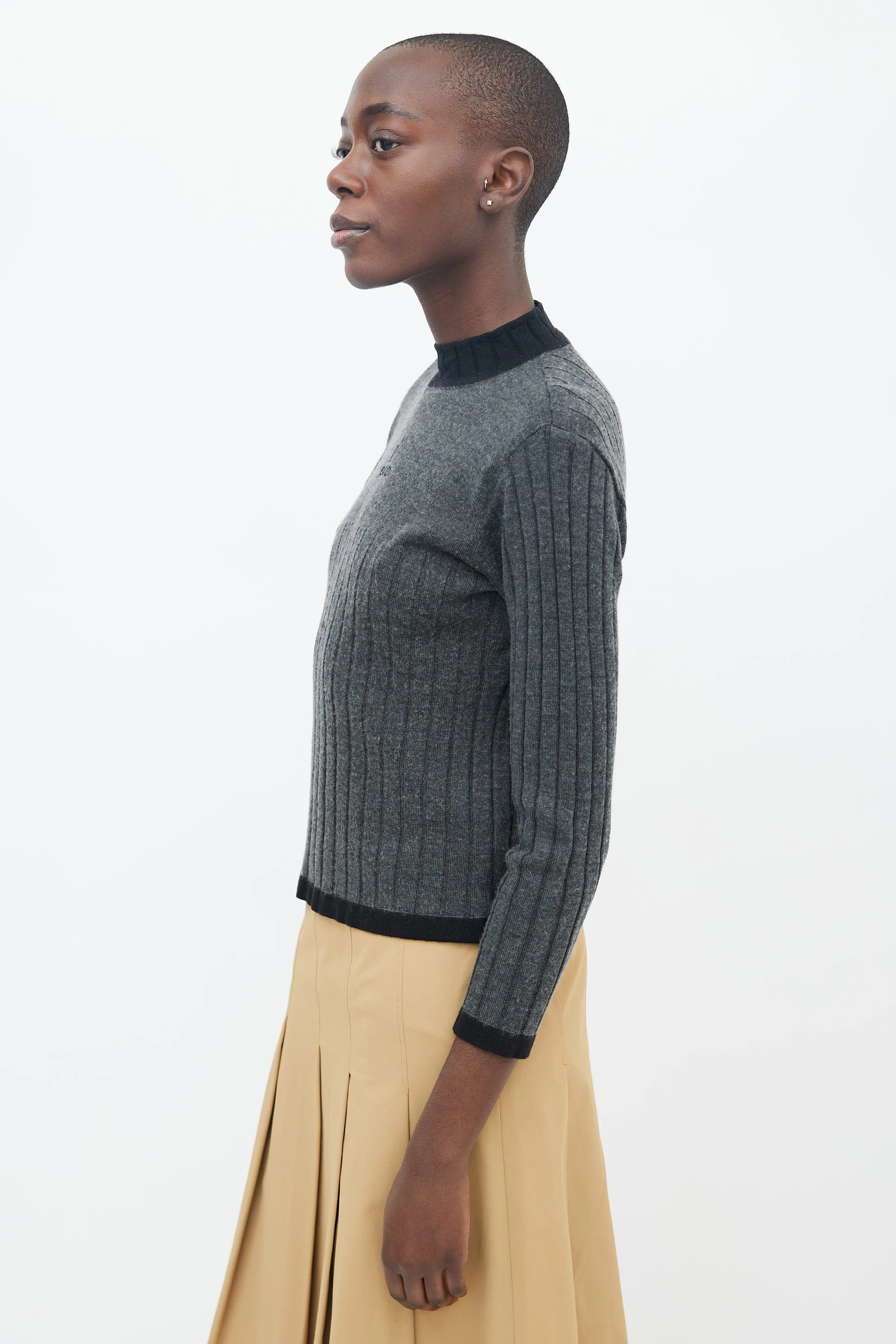 Grey & Black Knit Mock Neck Logo Sweater