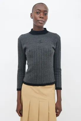 Grey & Black Knit Mock Neck Logo Sweater