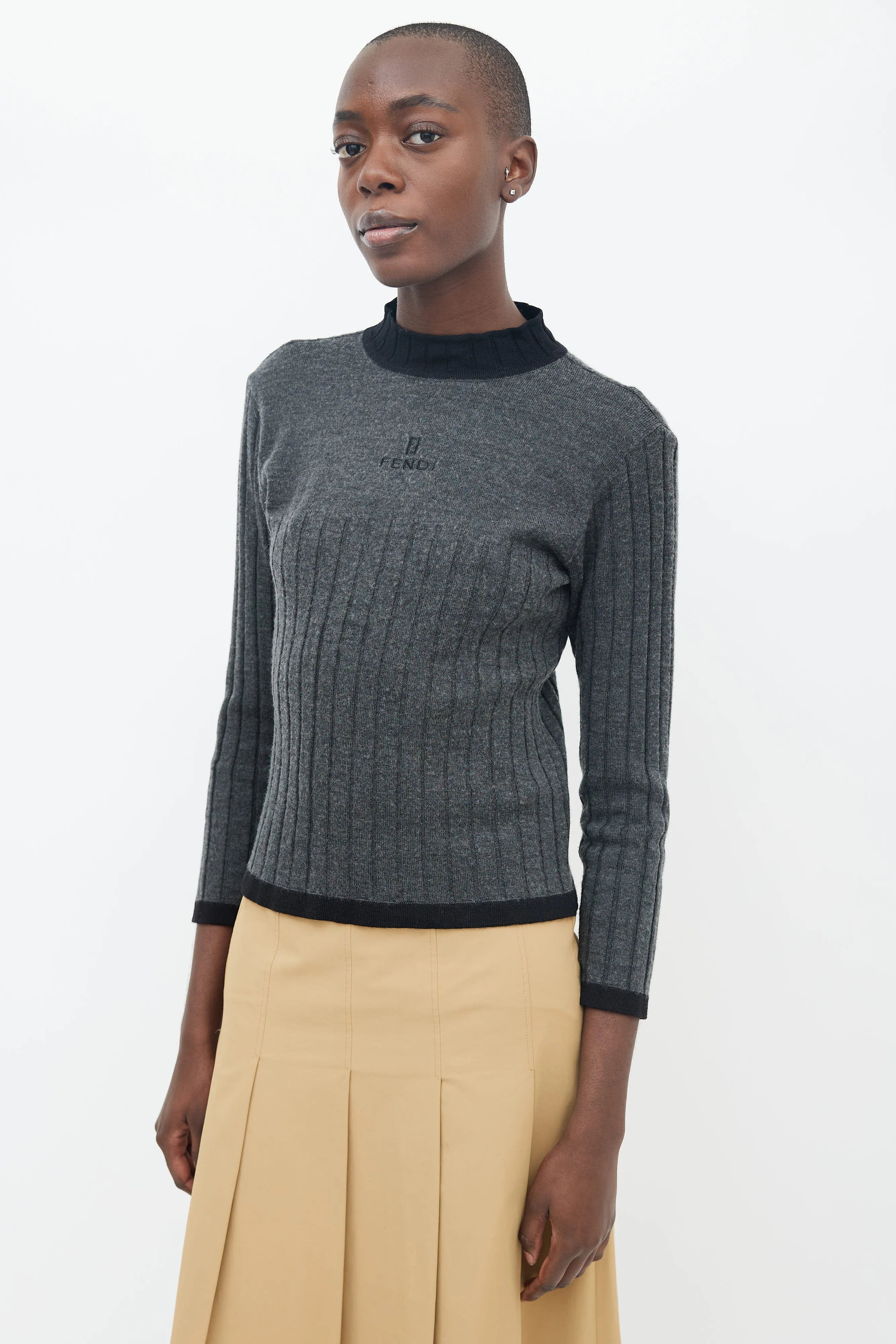 Grey & Black Knit Mock Neck Logo Sweater