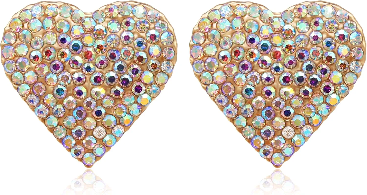 Heart Love AB Crystal Pave Clip On Gold Earrings for Women - PeriFairy Rhinestone Colorful Earrings Non Pierced Jewelry